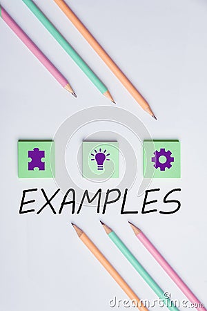 Text caption presenting Examples. Business idea photo Sample Model to follow Guide Explanation For instance Stock Photo