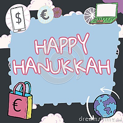 Conceptual display Happy Hanukkah. Word Written on a day related with scary aspect, haunted house, and a candy Stock Photo
