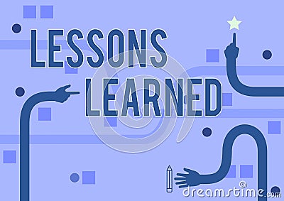 Text caption presenting Lessons Learned. Business idea Promote share and use knowledge derived from experience Three Stock Photo