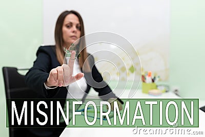 Text caption presenting Misinformation. Concept meaning false data, in particular, intended intentionally to deceive Stock Photo