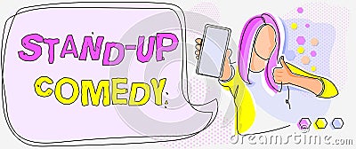 Text caption presenting Stand Up Comedy. Word Written on Comedian performing speaking in front of live audience Line Stock Photo