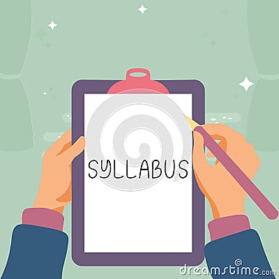 Text caption presenting Syllabus. Word for a summary outline of a discourse, treatise or of examination requirements Stock Photo
