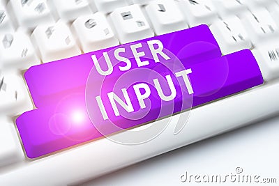 Writing displaying text User Input. Concept meaning Any information or data that is sent to a computer for processing Stock Photo