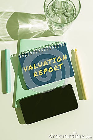 Text caption presenting Valuation Report. Conceptual photo process of converting an idea into a video Filmaking Typing Stock Photo
