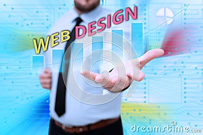 Text caption presenting Web Design. Word for website creation which includes layout, content, and graphics Gentelman Stock Photo