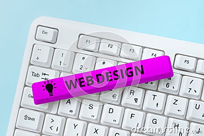 Text caption presenting Web Design. Business showcase website creation which includes layout, content, and graphics Stock Photo