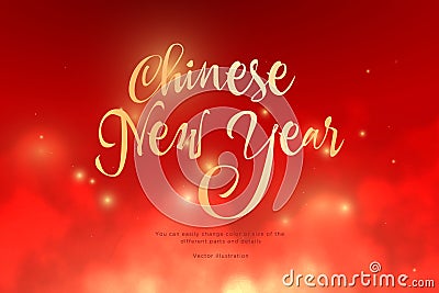 Text Chinese New Year golden color in the clouds.Low poly wireframe art on red background.Concept for holiday or magic or miracle. Vector Illustration