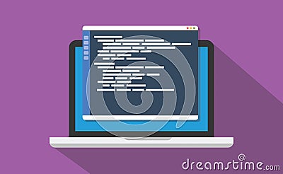 Text code editor programming on top of laptop display Cartoon Illustration