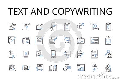 Text and copywriting line icons collection. Wordsmithing, Writing, Scripting, Authoring, Composing, Penning, Drafting Vector Illustration
