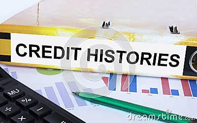 Text Credit Histories on the folder that is located on the financial diagrams with green pen and calculator Stock Photo