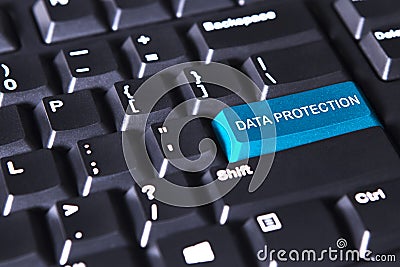 Text of data protection on blue button Stock Photo