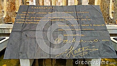 The text of Declaration of Independence Day signed by Indonesian President, Soekarno and the vice president Hatta Editorial Stock Photo