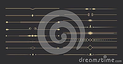 Text devider set, gold line minimal separators, elegant doodlle borders, decorative elements isolated on dark background Vector Illustration