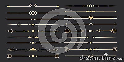 Text devider set, gold line minimal separators, elegant doodlle borders, decorative elements isolated on dark background Vector Illustration