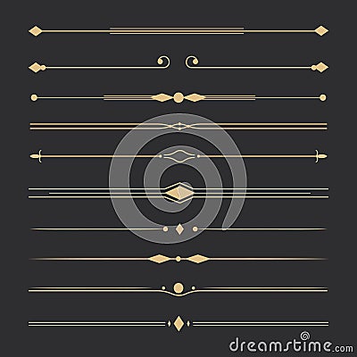 Text devider set, gold line minimal separators, elegant doodlle borders, decorative elements isolated on dark background Vector Illustration