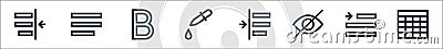 text editor line icons. linear set. quality vector line set such as table, right indent, hidden, indent, eye dropper, bold, align Vector Illustration