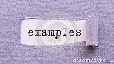 The text EXAMPLES appears on torn lilac paper against a white background Stock Photo