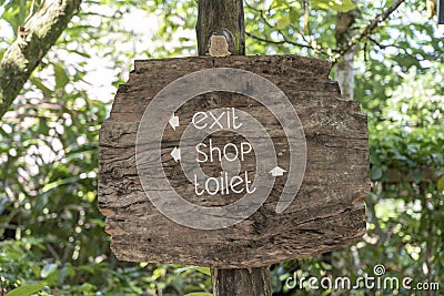 Text exit, shop and toilet on a wooden board in a rainforest jungle of tropical Bali island, Indonesia. Exit, shop and toilet Stock Photo
