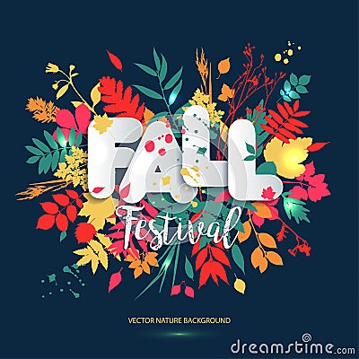 Text fall festival in paper style on multicolor background with Vector Illustration