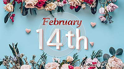 Text February 14 decorated with flowers Stock Photo
