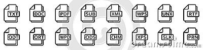 Text file formats icon. Set of vector linear icons of different text documents Vector Illustration