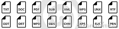 Text file formats icon. Set of vector linear icons of different text documents Vector Illustration