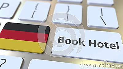 BOOK HOTEL text and flag of Gemany on the buttons on the computer keyboard. Travel related conceptual 3D rendering Stock Photo