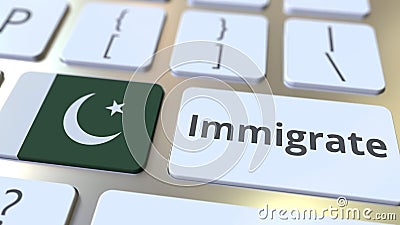 IMMIGRATE text and flag of Pakistan on the buttons on the computer keyboard. Conceptual 3D rendering Stock Photo