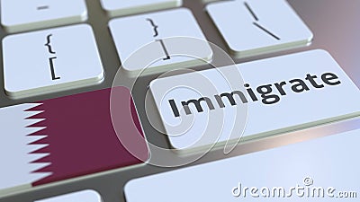 IMMIGRATE text and flag of Qatar on the buttons on the computer keyboard. Conceptual 3D rendering Stock Photo