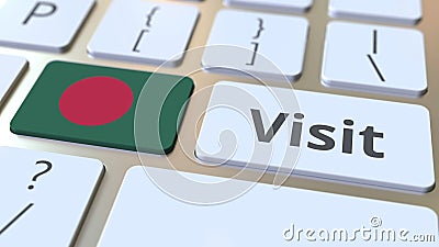 VISIT text and flag of Bangladesh on the buttons on the computer keyboard. Conceptual 3D rendering Stock Photo