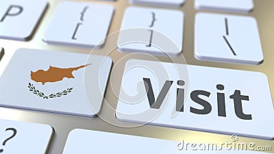 VISIT text and flag of Cyprus on the buttons on the computer keyboard. Conceptual 3D rendering Stock Photo