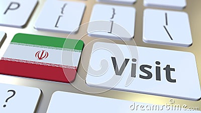 VISIT text and flag of Iran on the buttons on the computer keyboard. Conceptual 3D rendering Stock Photo
