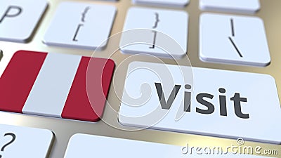 VISIT text and flag of Peru on the buttons on the computer keyboard. Conceptual 3D rendering Stock Photo