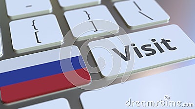 VISIT text and flag of Russia on the buttons on the computer keyboard. Conceptual 3D rendering Stock Photo