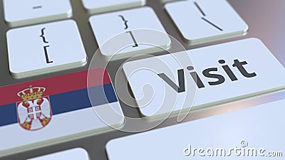 VISIT text and flag of Serbia on the buttons on the computer keyboard. Conceptual 3D rendering Stock Photo