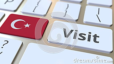 VISIT text and flag of Turkey on the buttons on the computer keyboard. Conceptual 3D rendering Stock Photo