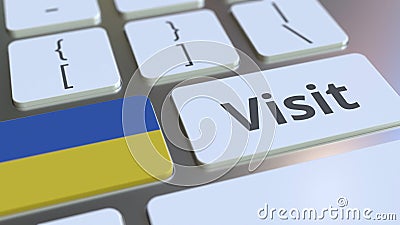 VISIT text and flag of Ukraine on the buttons on the computer keyboard. Conceptual 3D rendering Stock Photo