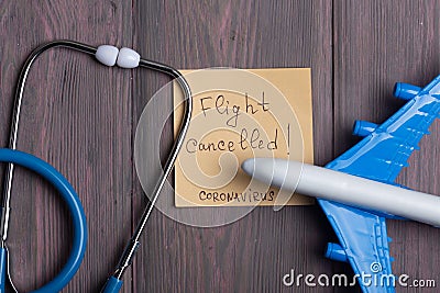 Text flights cancelled Coronavirus on sticky note, stethoscope and airplane model on wooden background Stock Photo