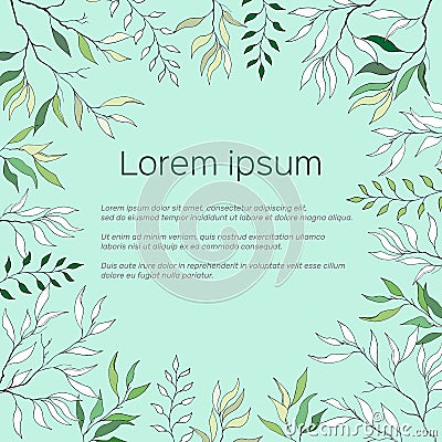 Text frame with green and contour leaves. Contour Clipart for use in design. Green postcard poster for greetings, invitations Vector Illustration