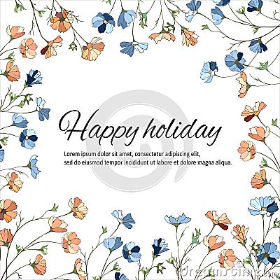 Text frame of small blue and pink daisies. Floral frame of wild flowers for decorating cards, design congratulations Vector Illustration