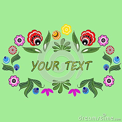 Text framed by flowers of Gorodets painting Stock Photo