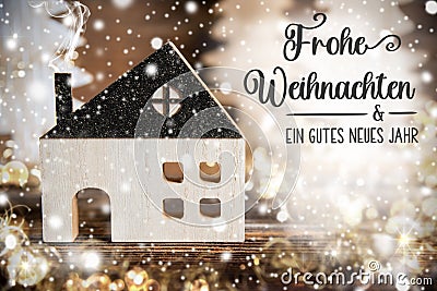 Text Frohe Weihnachten, Means Merry Christmas, House, Christmas Background Stock Photo