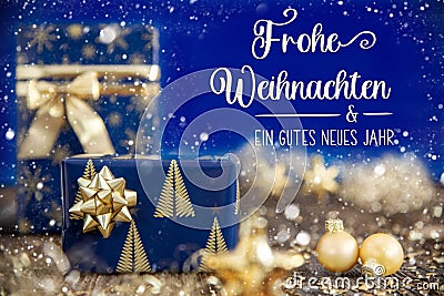Text Frohe Weihnachten, Means Merry Christmas, Christmas Presents, Gold, Blue Stock Photo