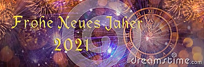 Text `Frohes Neues Jahr 2021` means Happy New Year 2021 in German. Blurred background of decorated Christmas tree with big golden Stock Photo