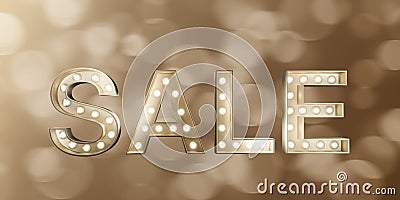 Text Golden Sale word bright color bokeh background. 3d rendering gold sign metal texure Stock Photo