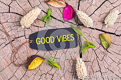 The text good vibes in tag Stock Photo