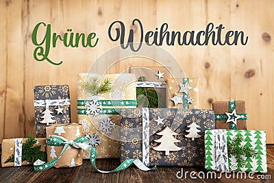 Text Gruene Weihnachten, Means Green Christmas, Rustic, Eco Christmas Background Stock Photo