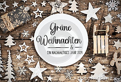 Text Gruene Weihnachten, Means Green Christmas, Wood, Natural Christmas Decor Stock Photo