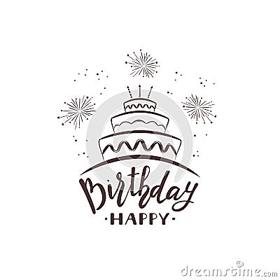 Text Happy Birthday with cake and fireworks Vector Illustration