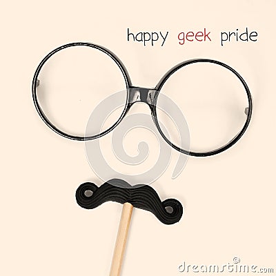 Text happy geek pride and eyeglasses and moustache forming a man Stock Photo